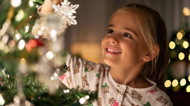 Little girl in pajamas smiling as she decorates a Christmas tree with a snowflake ornament in a cozy living room at night, festive lights glowing &ndash; Generative AI