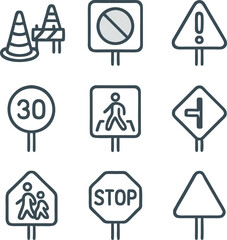 Collection of road safety signs featuring pedestrian crossing, speed limit and stop signs, vector icons