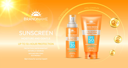 Sunscreen products with SPF on gradient orange background. Highlighting UV protection. Suitable for summer use. Promotes moisture and skin care benefits.