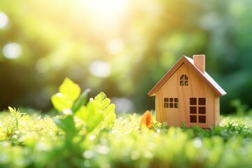 Small wooden house model placed on lush green moss, representing eco friendly living and sustainable housing concepts