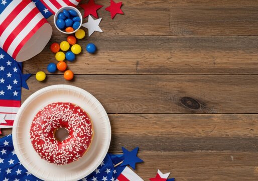 An american themed donut and candies on a wooden table