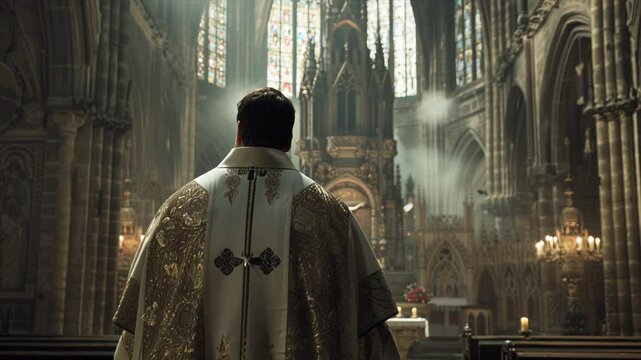 A priest in the cathedral, cinematic shot
