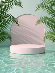 Obraz premium Podium Product Display Serene Tropical Scene Palm Leaves Water Podium Shadows Minimalist Design. Studio Quality Lighting