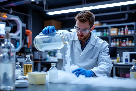 Chemical experiment conducted by a scientist in a modern laboratory featuring liquid nitrogen and smoke effects