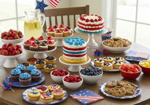 A table laden with patriotic desserts for fourth of july celebration