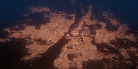 Khartoum (Sudan) night view with street lights. Aerial shot from space. perspective view heading north, . 3d render, Illustration