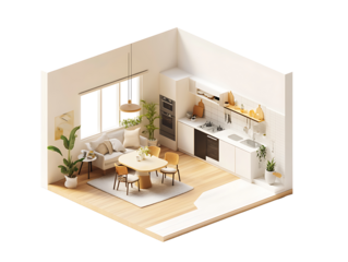 Modern Living in Harmony: An isometric view captures a seamlessly integrated kitchen and living room space, a serene blend of modern design and natural elements.