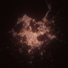 Tunis (Tunisia) night view with street lights. Aerial shot from space. top view heading east, 
