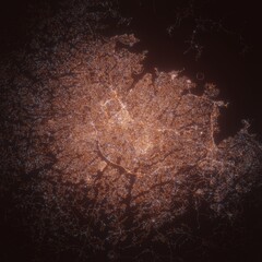 Kampala (Uganda) night view with street lights. Aerial shot from space. top view heading east, 