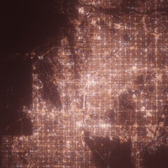 Phoenix (USA, Arizona) night view with street lights. Aerial shot from space. top view heading west, 