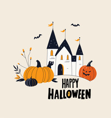 Haunted Halloween Castle with Pumpkins and Bats Spooky Vector Greeting Card