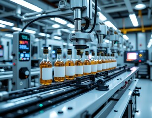 Automated bottling process of whiskey factory industrial process modern environment high-tech viewpoint manufacturing efficiency
