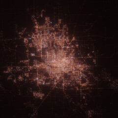 Springfield (USA, Illinois) night view with street lights. Aerial shot from space. top view heading west, 