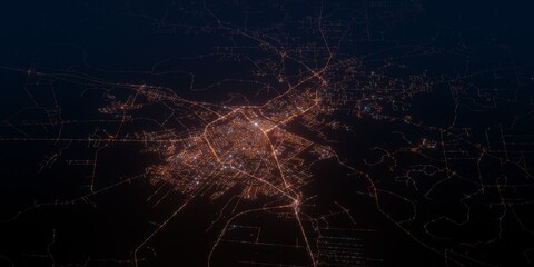 Alexandria (USA, Louisiana) night view with street lights. Aerial shot from space. perspective view heading north, . 3d render, Illustration