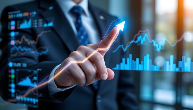Business growth analysis office environment digital graphs interactive interface professional perspective