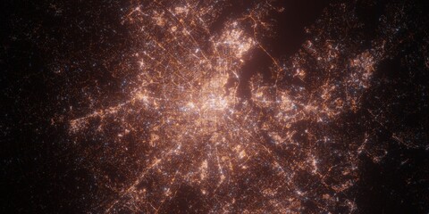 Baltimore (USA, Maryland) night view with street lights. Aerial shot from space. top view heading east, . 3d render, Illustration