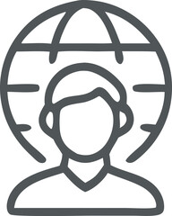 Person with global network outline icon showcasing international connection and worldwide communication concepts represented in a simple vector design