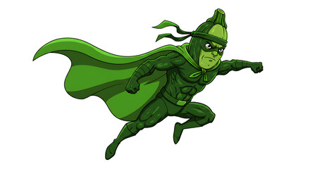 Fototapeta premium A zucchini ninja superhero, wearing a green cape and black headband, jumping in mid-air with heroic energy, isolated on white.