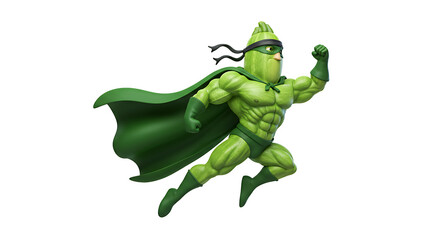 Obraz premium A zucchini ninja superhero, wearing a green cape and black headband, jumping in mid-air with heroic energy, isolated on white.