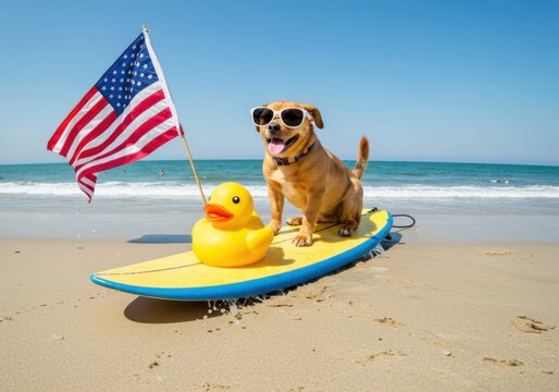 A dog surfs with an american flag and rubber duck on the beach