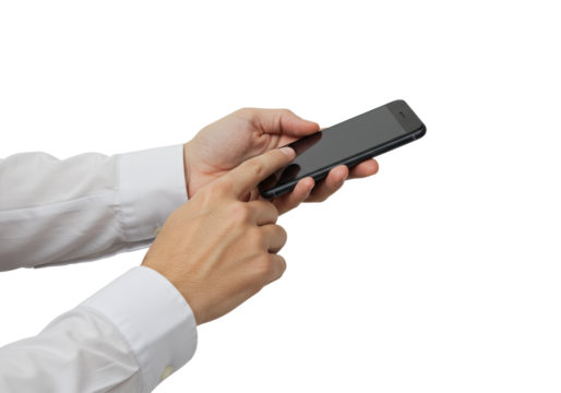 Clean, gender-neutral hands with light skin in a white shirt, holding a sleek black smartphone with finger poised to tap screen, isolated on a transparent background with copy space, no shadows,