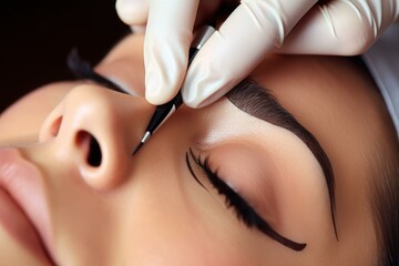 Beautician using a microblading pen to draw eyebrows on a client's face, providing a semi permanent makeup solution