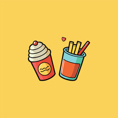 Fast-food stickers. Cartoon junk food snack labels, unhealthy meal with French fries pizza burger sandwich hot dog ice cream food, restaurant menu elements
