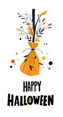 Halloween Broomstick Decorated with Autumn Leaves Cozy Fall Illustration