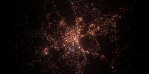 Concord (USA, New Hampshire) night view with street lights. Aerial shot from space. top view heading north, 