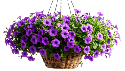 Top-Down View of Hanging Basket with Dense Petunia Blooms and Leaves, Isolated PNG