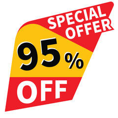 95% percent off discount promotion tag illustration, offer sale banner, big sales offer design in typography, vector icon in transparent background