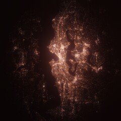 Seattle (USA, Washington) night view with street lights. Aerial shot from space. top view heading north, . 3d render, Illustration