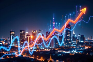 Business growth trends in urban landscapes financial data visualization night cityscape modern technology dynamic view