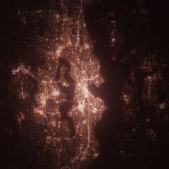 Seattle (USA, Washington) night view with street lights. Aerial shot from space. top view heading south, 