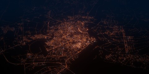 Haifon (Vietnam) night view with street lights. Aerial shot from space. perspective view heading west, . 3d render, Illustration