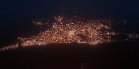 Perth (Australia) night view with street lights. Aerial shot from space. perspective view heading east, . 3d render, Illustration