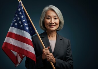An asian woman holds an american flag in a studio