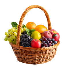 Wicker basket full of fresh fruit including oranges peaches apples and grapes