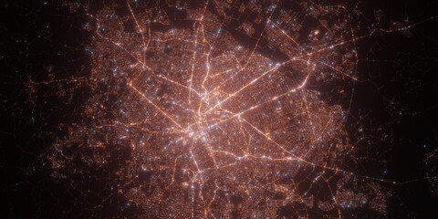 Curitiba (Brazil) night view with street lights. Aerial shot from space. top view heading east, . 3d render, Illustration