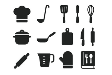 12 black cooking icons. Solid vector for kitchen, chef, and culinary tools.