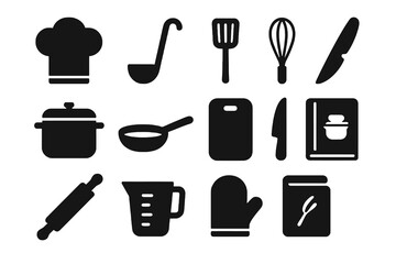 Black set of 12 kitchen icons. Minimal vector for recipes, preparation, and food design.