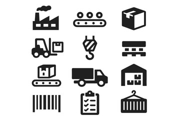 Black set of 12 supply chain icons. Minimal vector for freight, storage, and commerce.