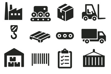 12 black industry icons. Solid vector for logistics, manufacturing, and shipping. © VectorGomes
