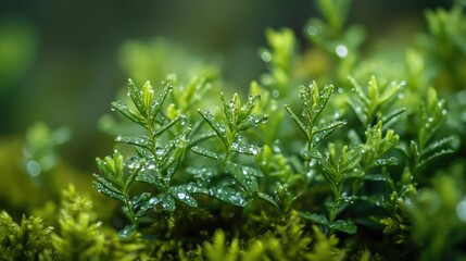 Obraz premium Close-up of thyme sprigs surrounded by dewdrops and soft moss in tones of olive green wheat and stone white