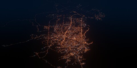 Malabo (Equatorial Guinea) night view with street lights. Aerial shot from space. perspective view heading west, 