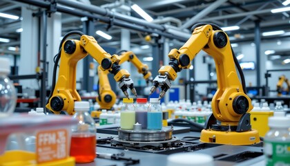 Automated chemical processing industrial laboratory robotic arms high-tech environment close-up innovation