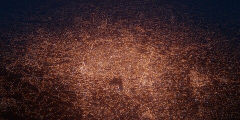 Yogyakarta (Indonesia) night view with street lights. Aerial shot from space. perspective view heading west, . 3d render, Illustration
