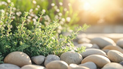 Close-up of thyme sprigs surrounded by sunlight and river stones in tones of soft green pale yellow and clear tones