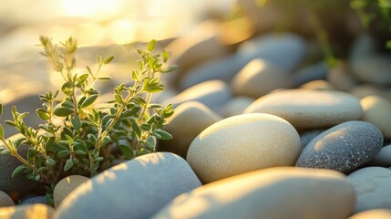 Close-up of thyme sprigs surrounded by sunlight and river stones in tones of soft green pale yellow and clear tones