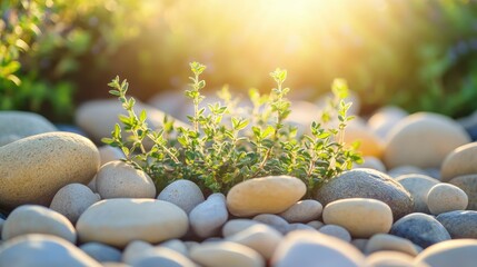 Close-up of thyme sprigs surrounded by sunlight and river stones in tones of soft green pale yellow and clear tones